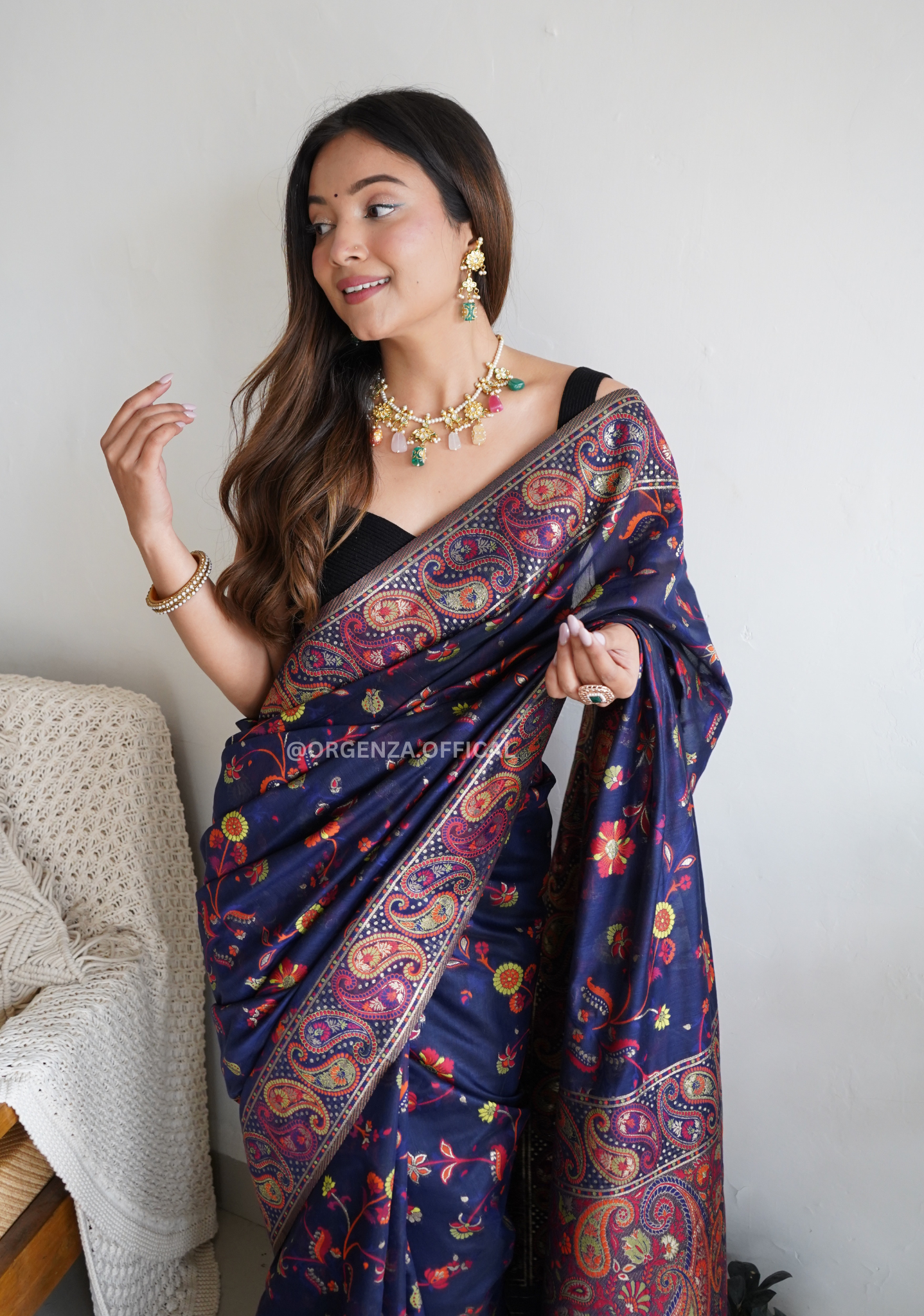 Kashmiri Kanchi Weaving Saree With Thread Work - Orgenza Store