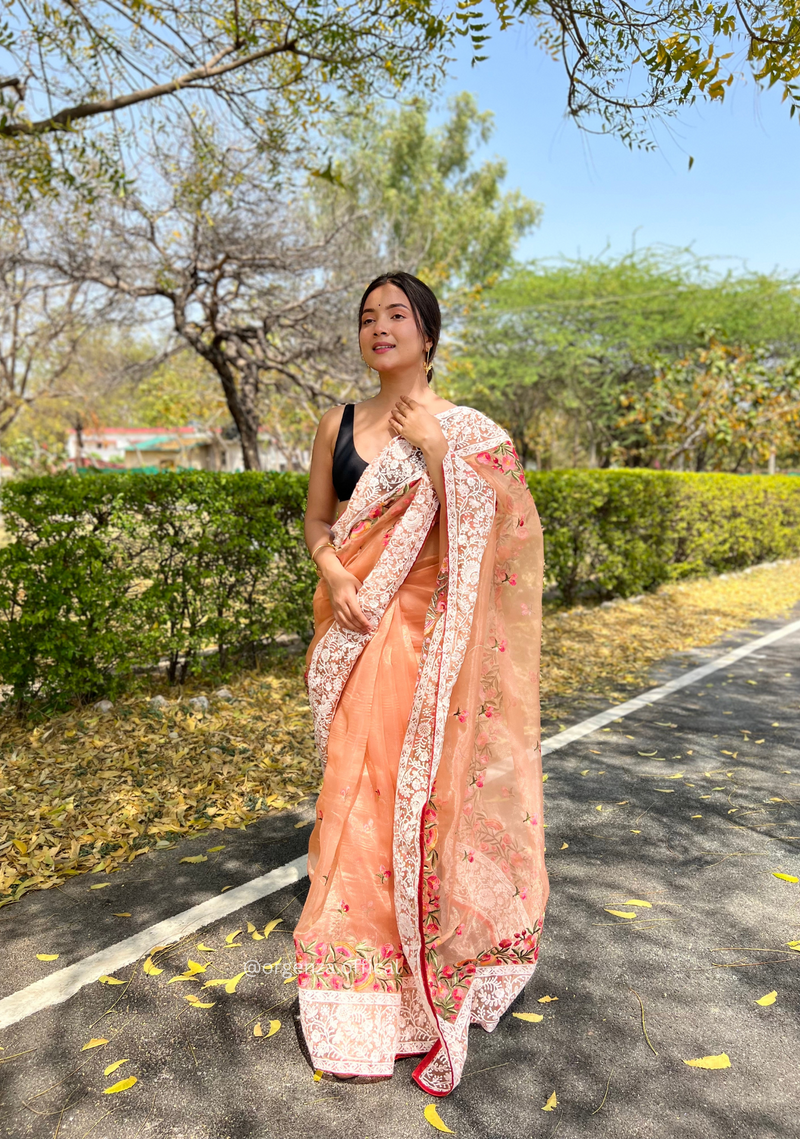 Orange Organza Saree With Chikankari Work