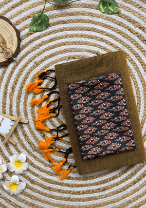 Mustered Yellow Colour Cotton Saree Navy Blue Print Blouse - Orgenza Store - digisoch