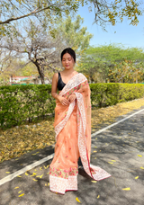 Orange Organza Saree With Chikankari Work