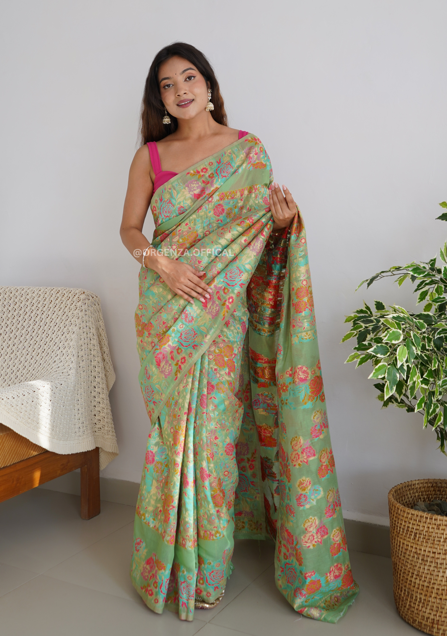 Pure Pashmina Kanchi Weaving Kashmiri Silk Saree - Orgenza Store