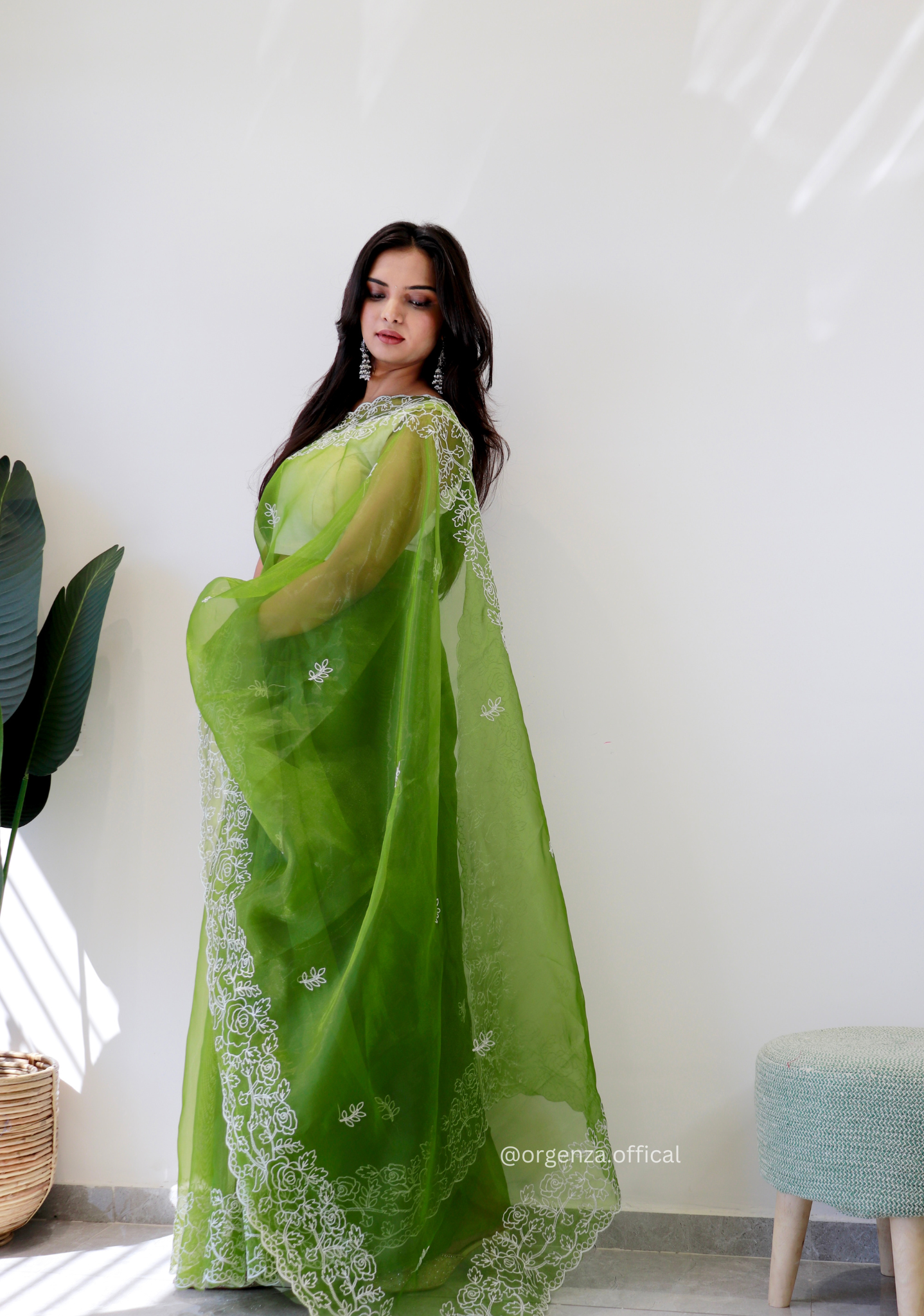 Parrot Green Colour Embroidery Thread Work Saree - Orgenza Store