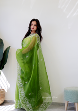 Parrot Green Colour Embroidery Thread Work Saree