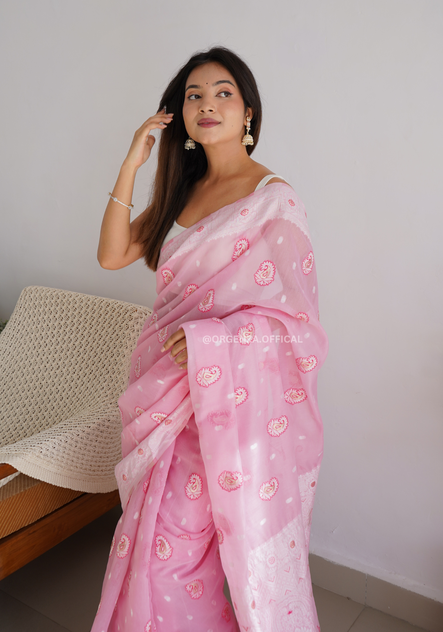 Linen Silk Saree With Badla Weaving - Orgenza Store