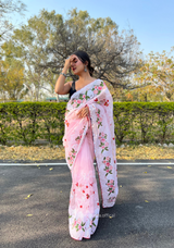 Baby Pink Colour Organza Saree With Kashmiri Thread Work