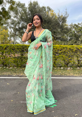 Pista Green Colour Organza Silk Saree With Thread Work