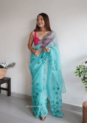 Sky Colour Organza Saree With Handwork - Orgenza Store - digisoch