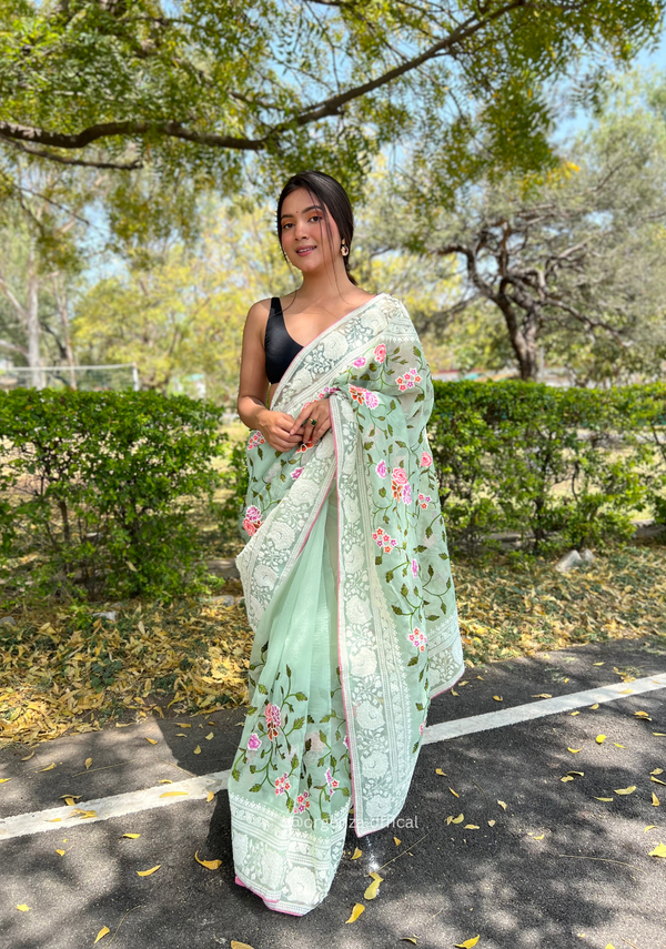 Moss Green Color Embroidery Work Pure Organza Silk Saree