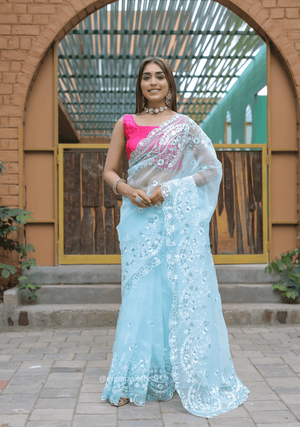 Sky Blue Soft Organza Saree With Sequence Work - Orgenza Store - digisoch