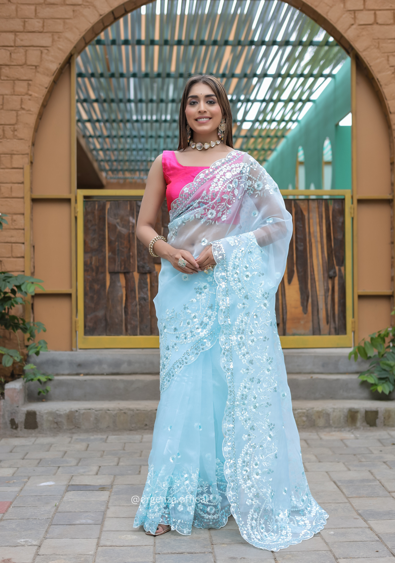 Sky Blue Soft Organza Saree With Sequence Work