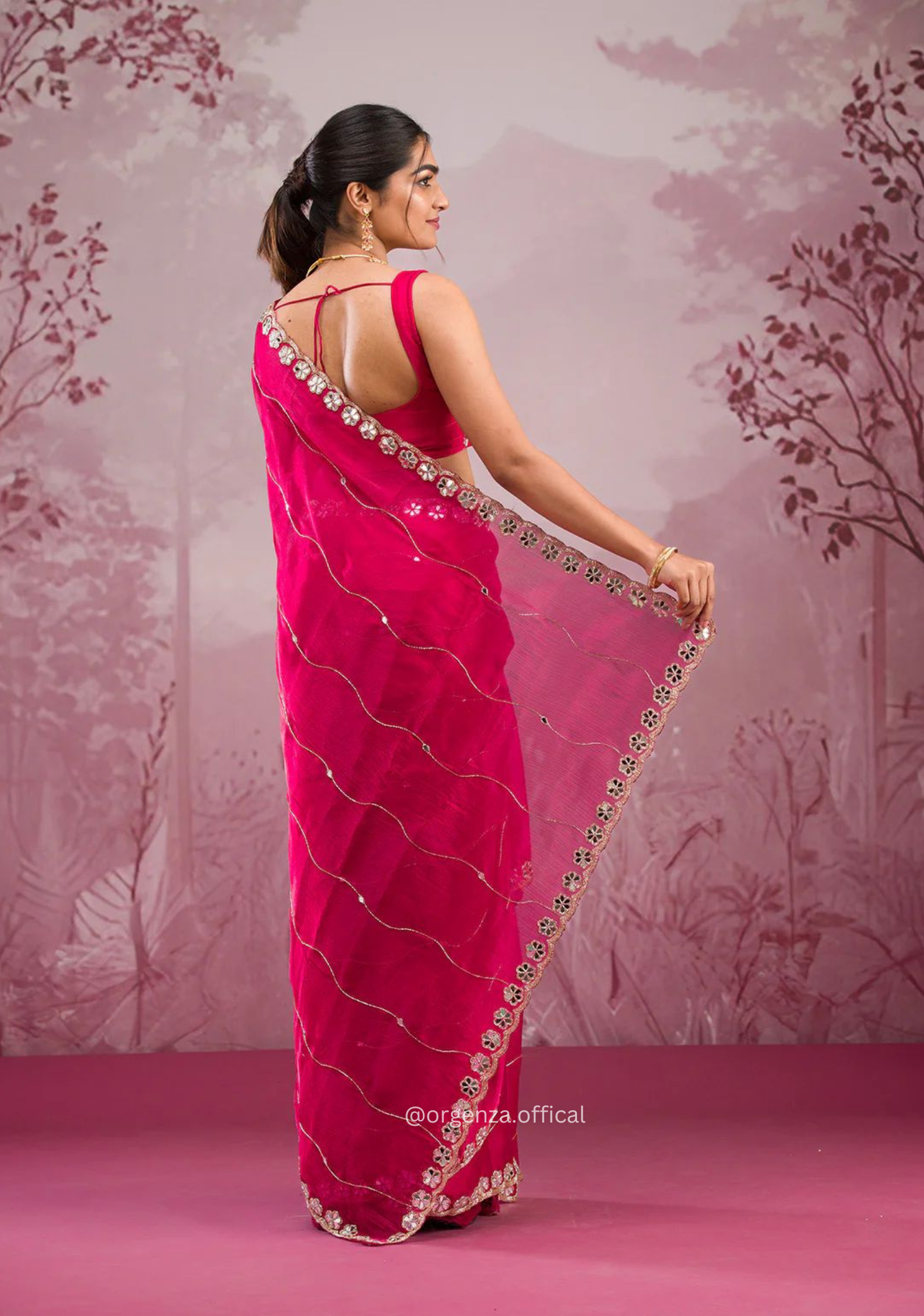 Red Colour Jimmy Choo Saree With Mirror Work - Orgenza Store