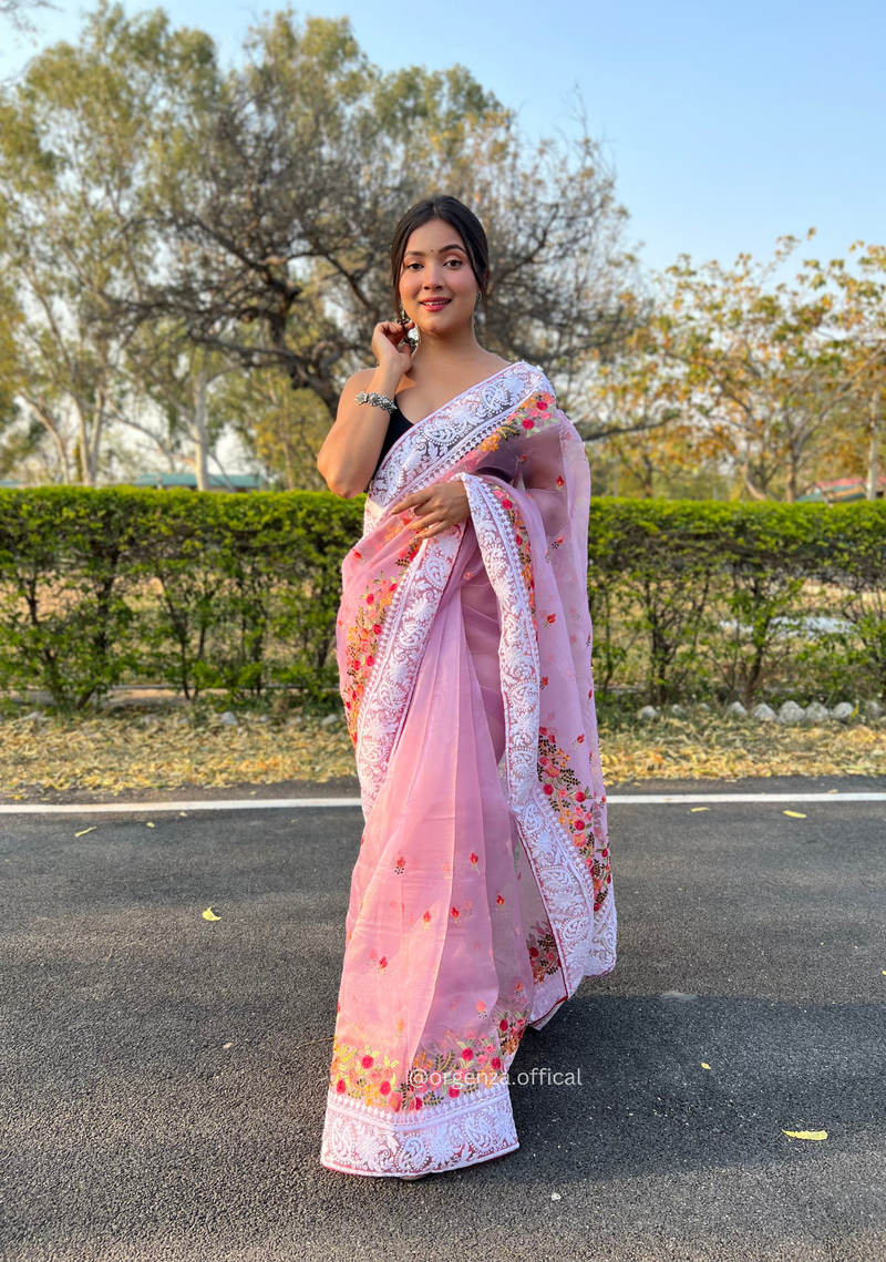 Lavender Organza Saree With Chikankari Work