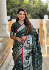 Bottle Green Colour Silk Saree With Gold And Silver Zari