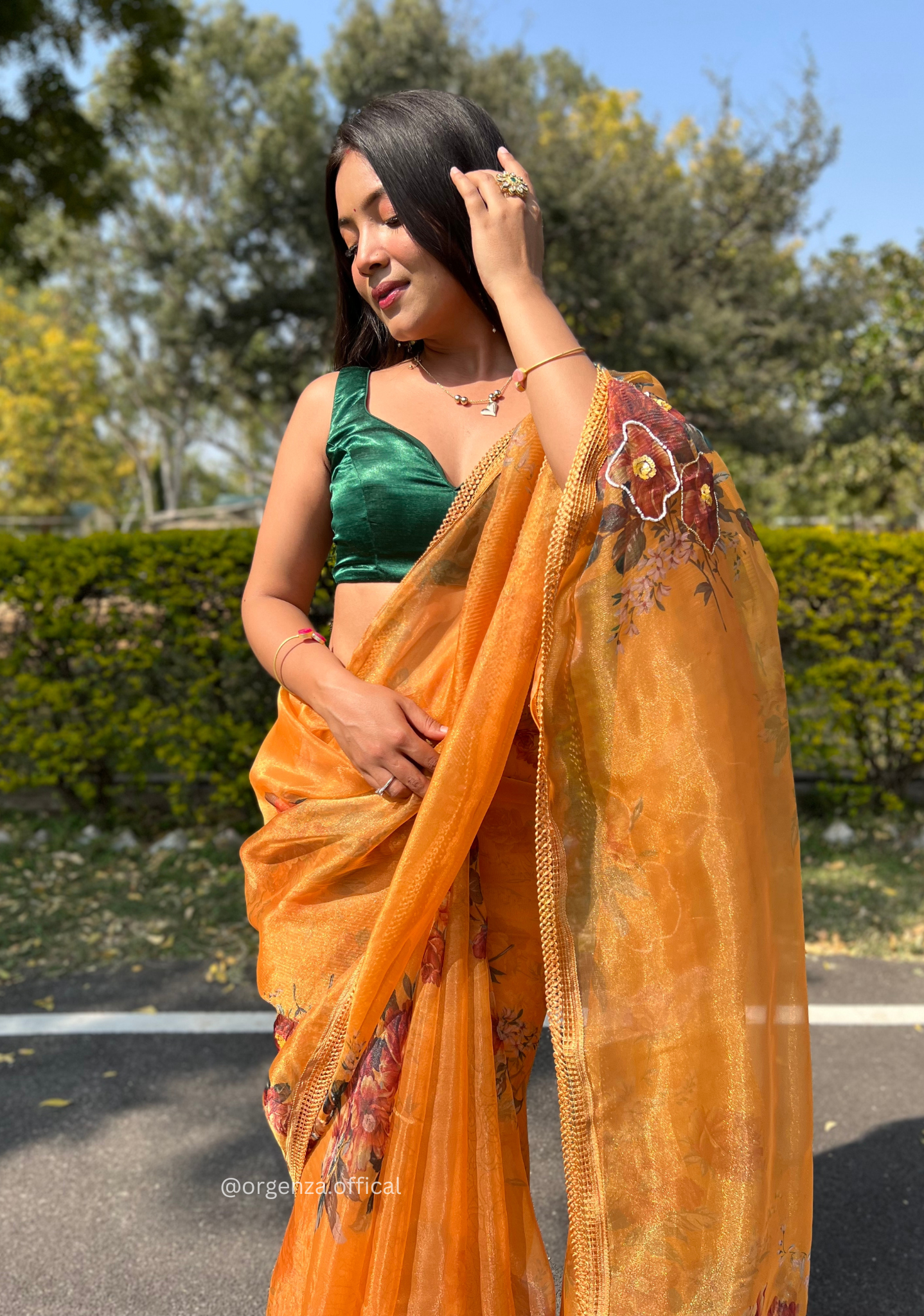 Mustard Yellow Colour Organza Saree With Handwork
