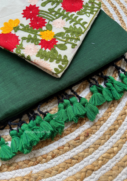 Green Colour Cotton Saree With Flower Embroidery Blouse