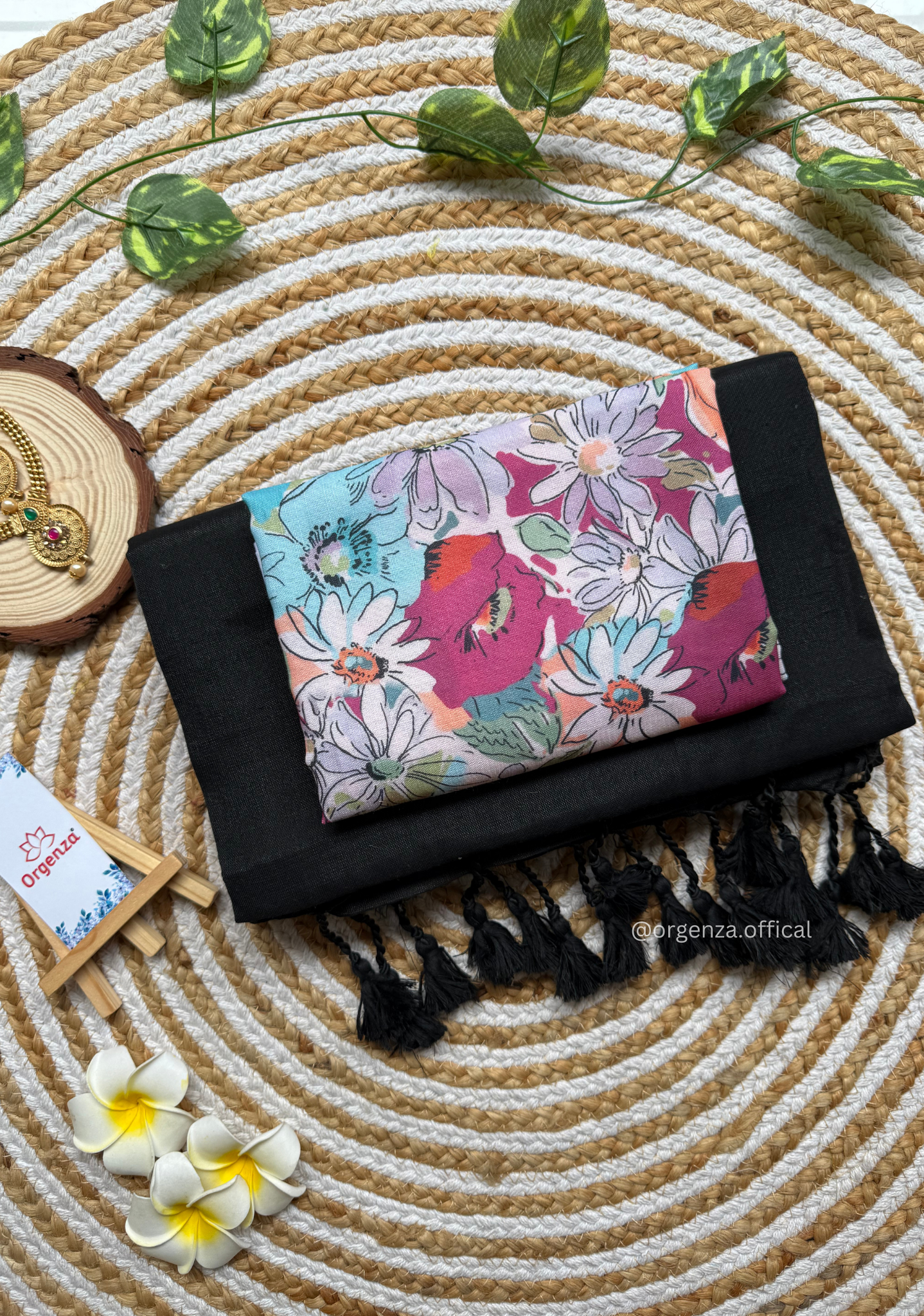 Black Colour Cotton Saree With Flower Print Blouse