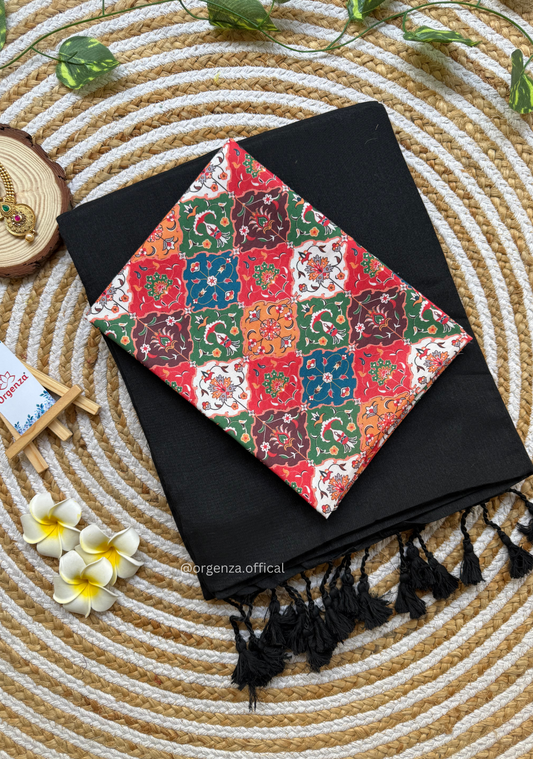 Black Colour Cotton Saree With Chex Print Blouse