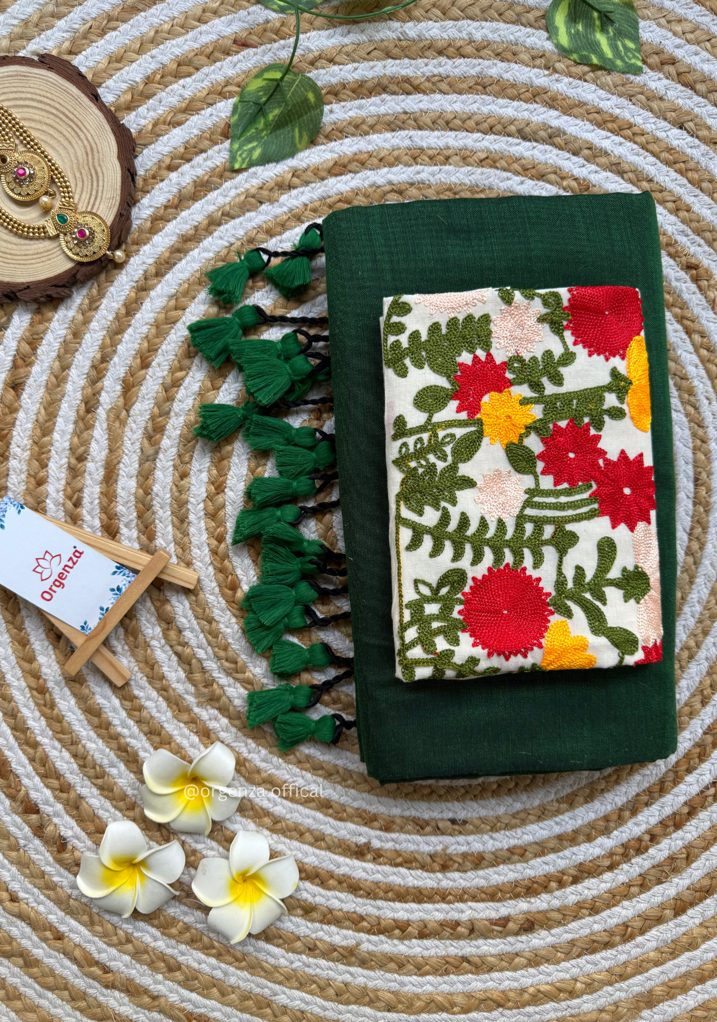 Green Colour Cotton Saree With Flower Embroidery Blouse
