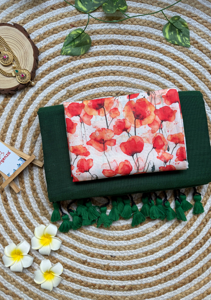 Green Colour Cotton Saree With Tulip Print Blouse
