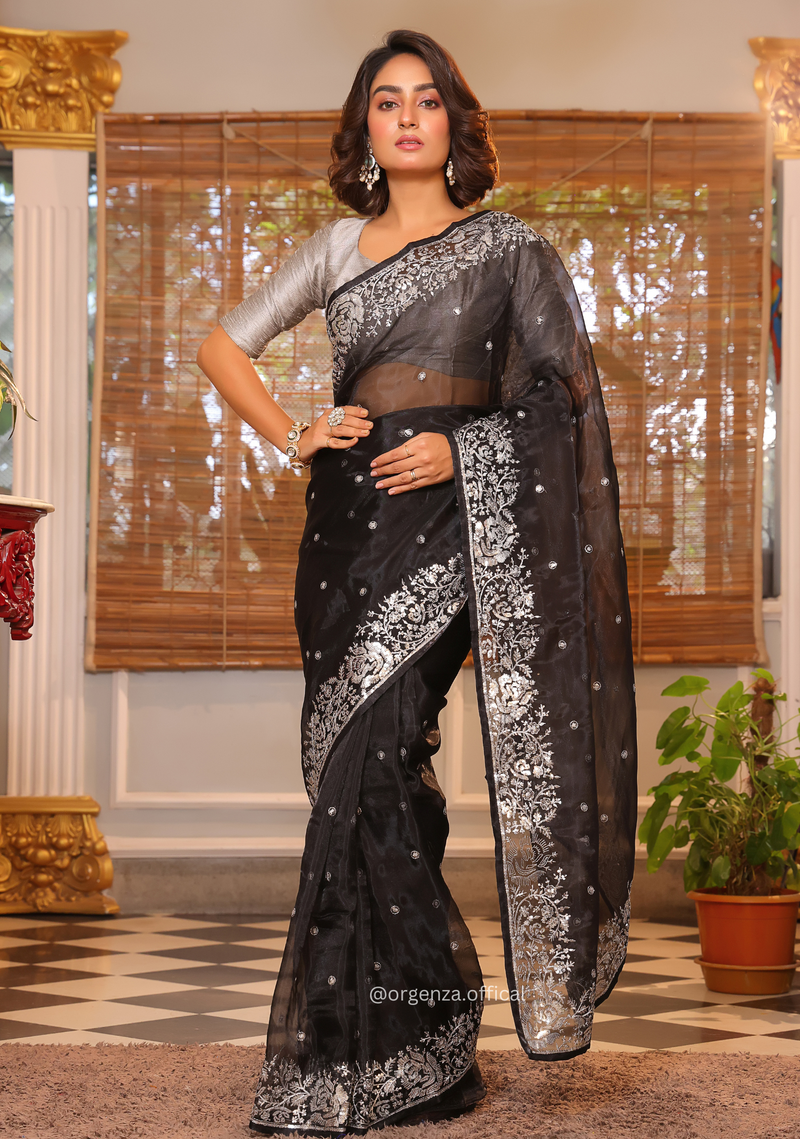 Black Organza Saree With Sequence Embroidered