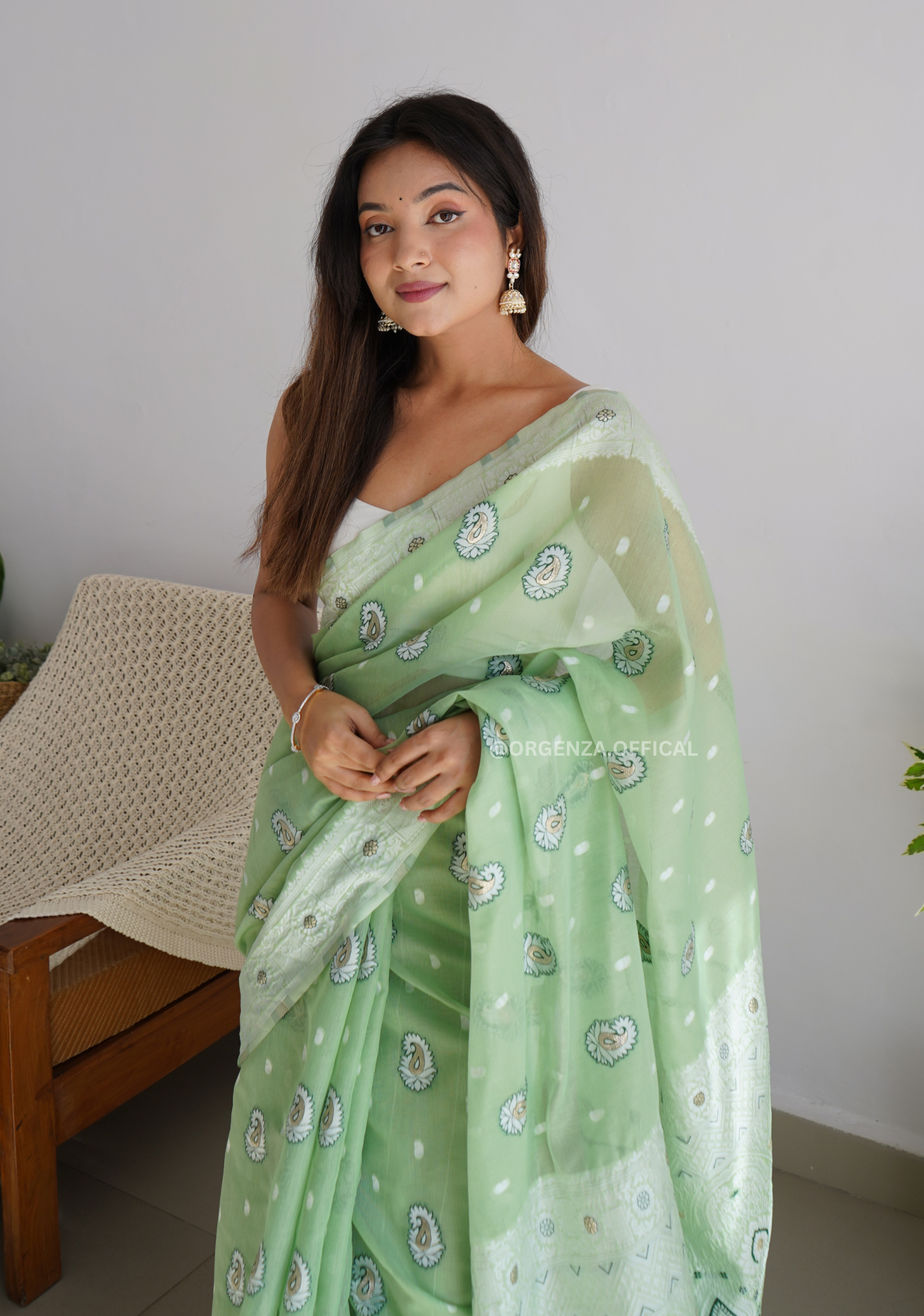 Pista Green Span Linen Silk Saree - Orgenza Store