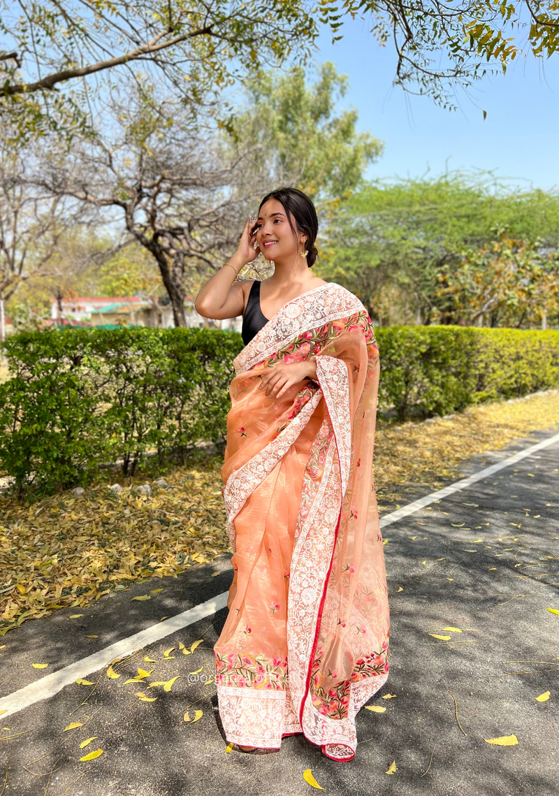 Orange Organza Saree With Chikankari Work