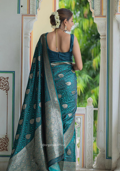 Rama Blue Colour Lichi Silk Saree With Jacquard Zari Work