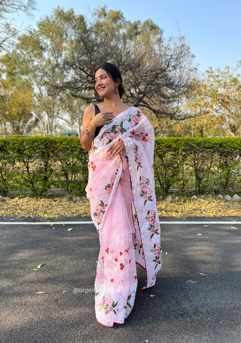 Baby Pink Colour Organza Saree With Kashmiri Thread Work