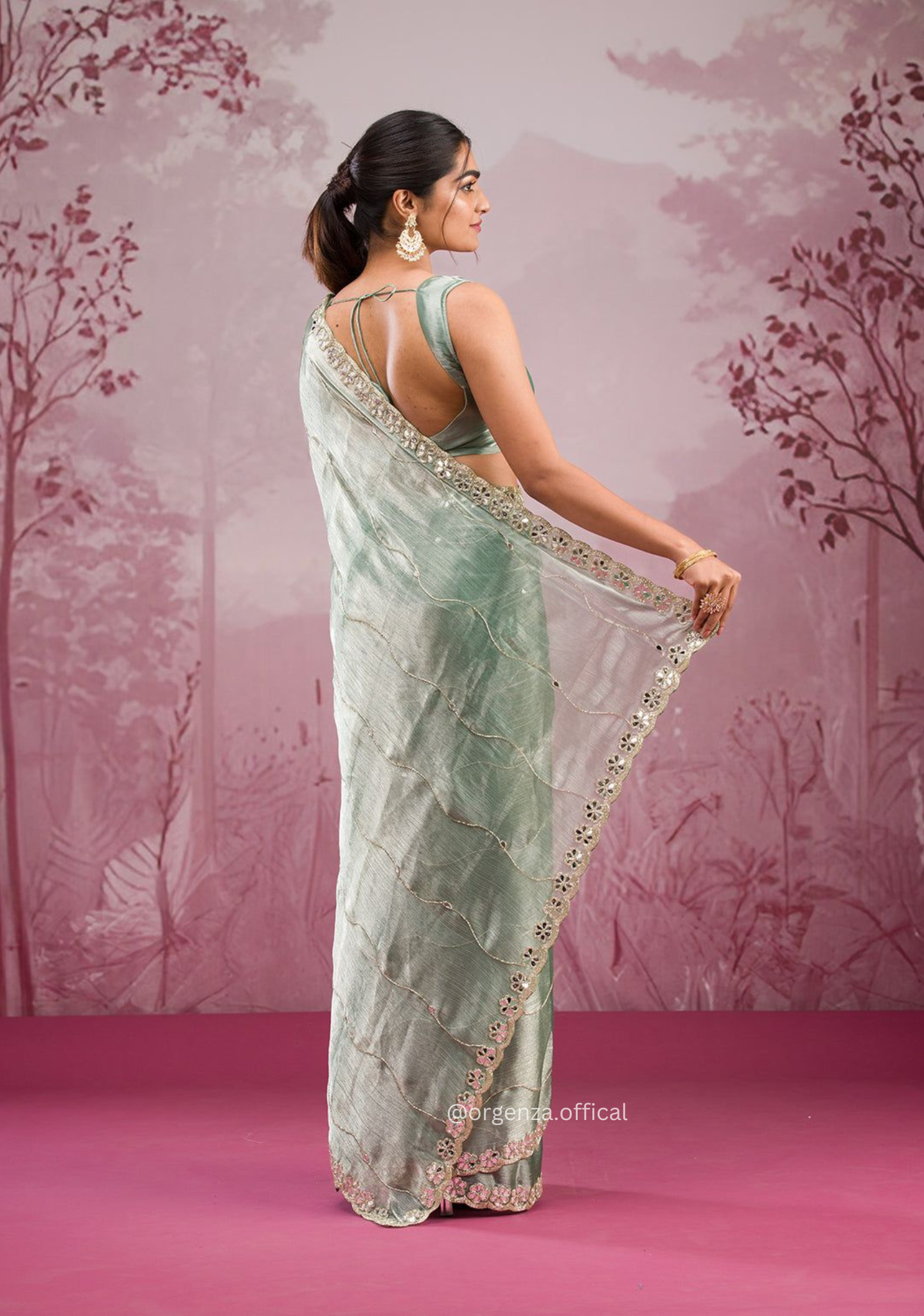 Pista Green Colour Jimmy Choo Saree With Mirror Work - Orgenza Store