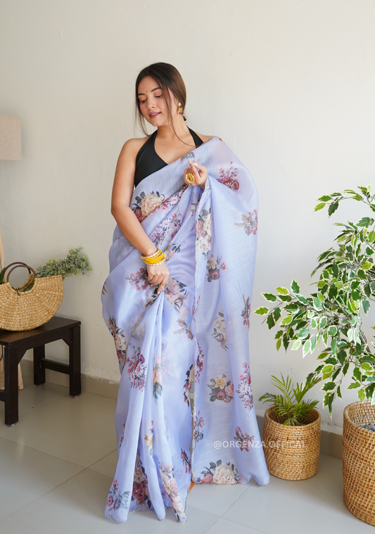 Light Blue Organza Saree With Handwork - Orgenza Store