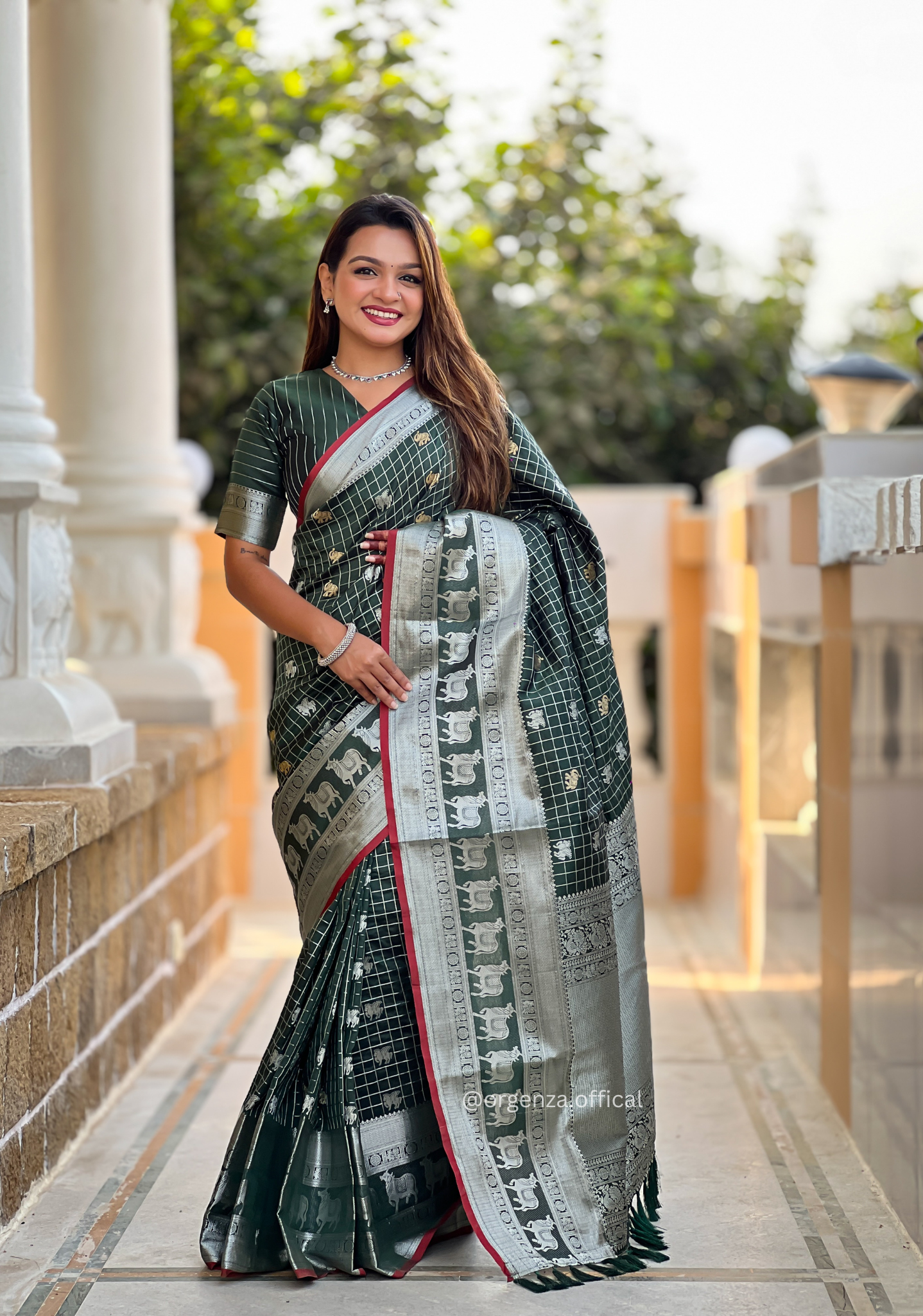 Bottle Green Colour Silk Saree With Gold And Silver Zari - Orgenza Store