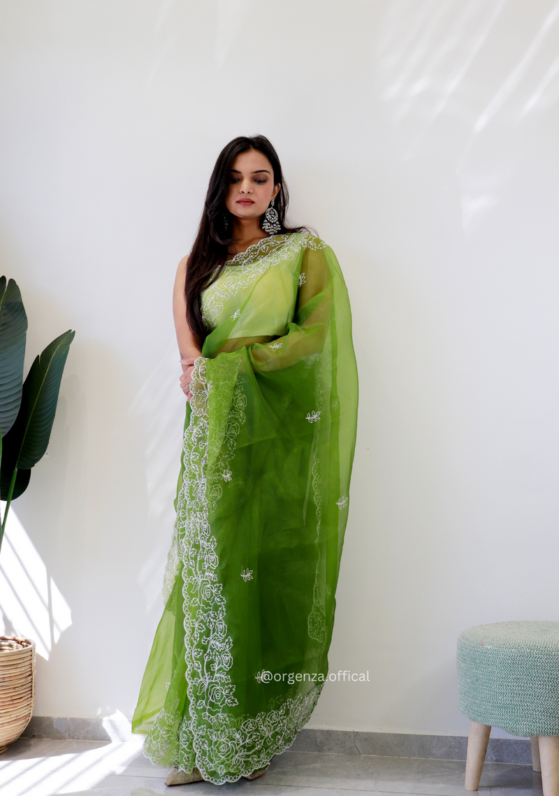 Parrot Green Colour Embroidery Thread Work Saree