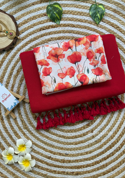 Red Colour Cotton Saree With Tulip Print Blouse