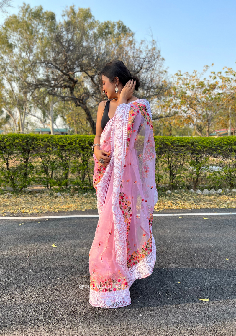 Lavender Organza Saree With Chikankari Work