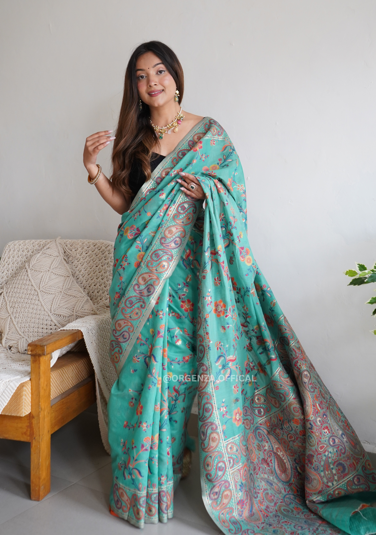 Pure Pashmina Kachi Weaving Kashmiri Silk Saree - Orgenza Store