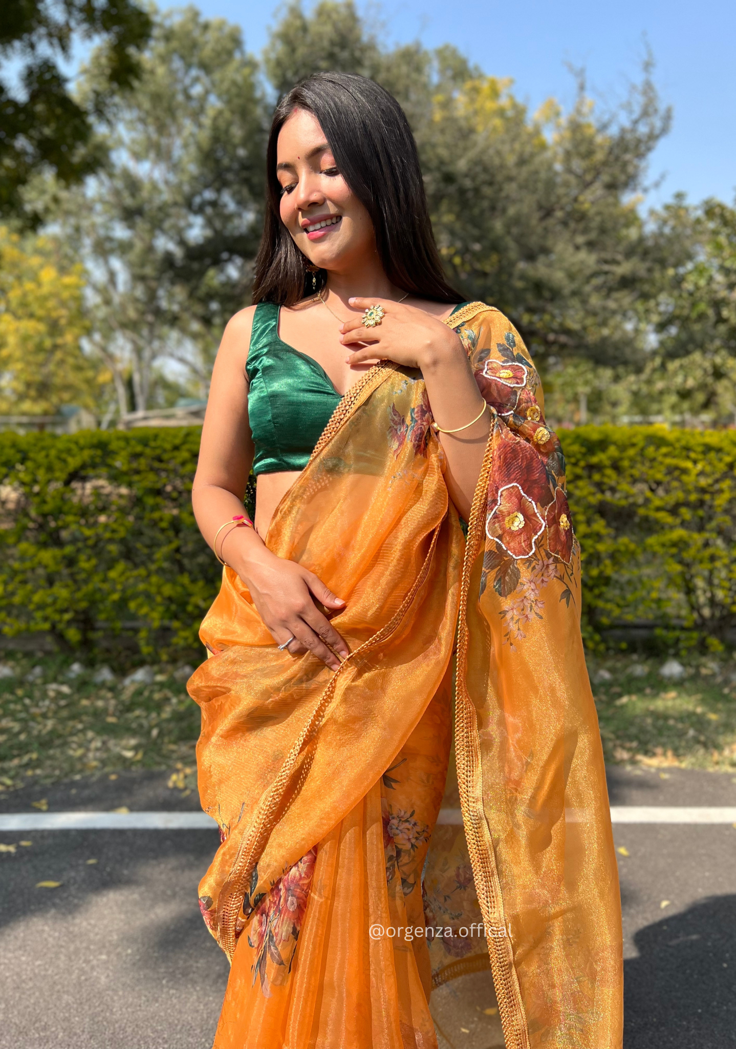 Mustard Yellow Colour Organza Saree With Handwork