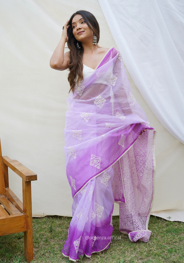 Lavender Organza Saree With Viscous Thread Work