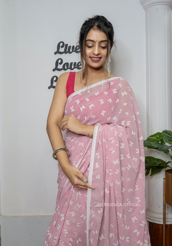 Baby Pink Georgette Saree With Rubber Print