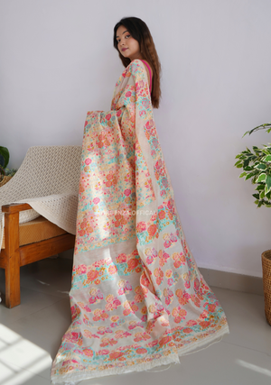 Pure Pashmina Kanchi Weaving Kashmiri Silk Saree - Orgenza Store