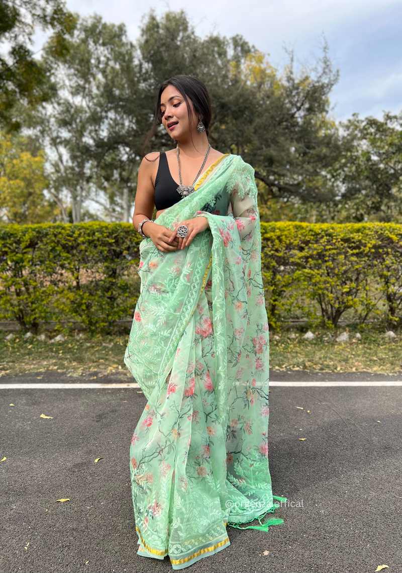 Pista Green Colour Organza Silk Saree With Thread Work