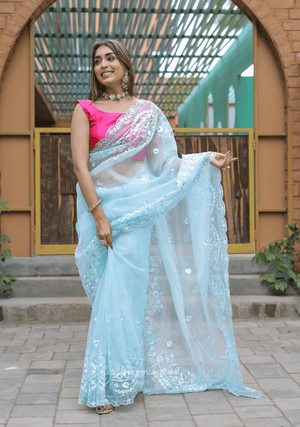 Sky Blue Soft Organza Saree With Sequence Work - Orgenza Store - digisoch
