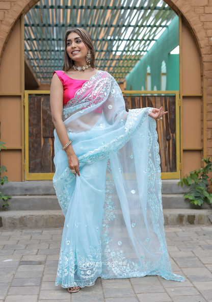 Sky Blue Soft Organza Saree With Sequence Work - Orgenza Store