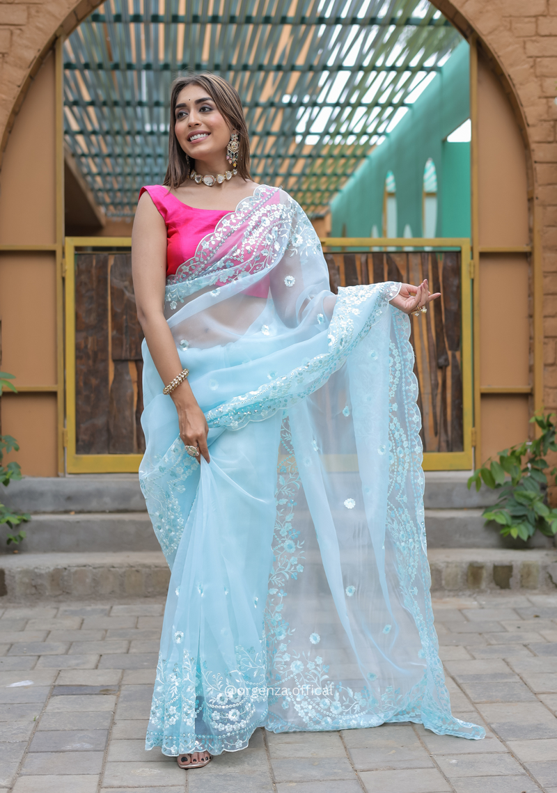 Sky Blue Soft Organza Saree With Sequence Work