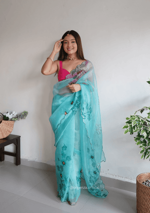 Sky Colour Organza Saree With Handwork - Orgenza Store - digisoch