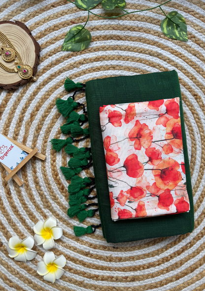 Green Colour Cotton Saree With Tulip Print Blouse
