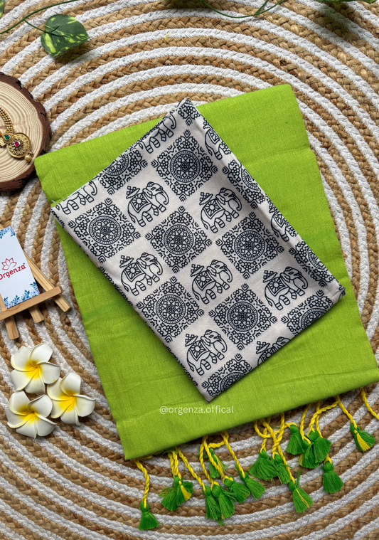 Pista Green Colour Cotton Saree With White Elephant Print Blouse