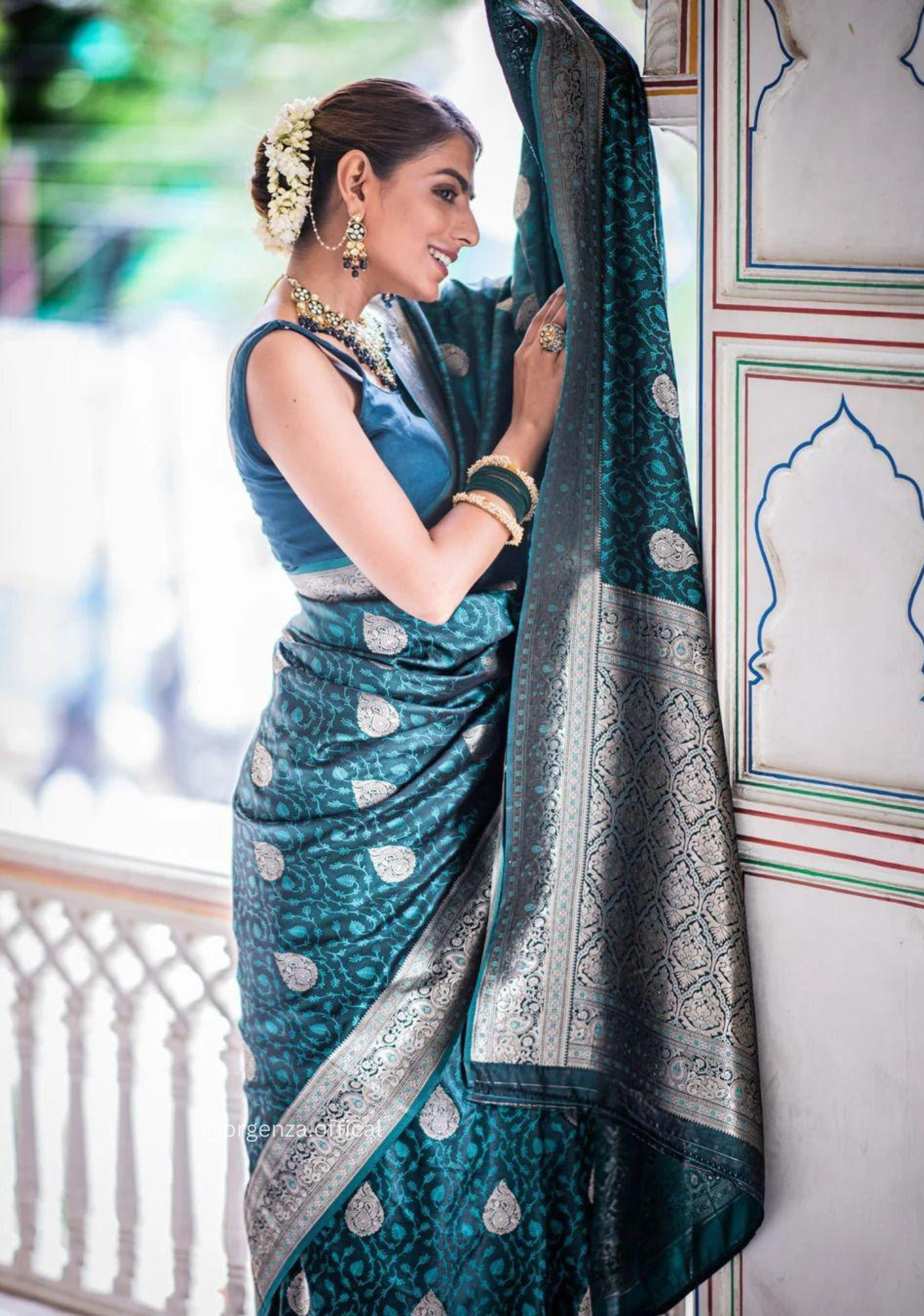 Rama Blue Colour Lichi Silk Saree With Jacquard Zari Work