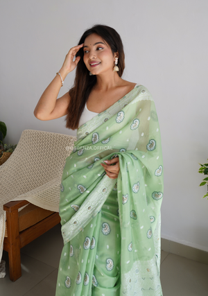Pista Green Span Linen Silk Saree - Orgenza Store