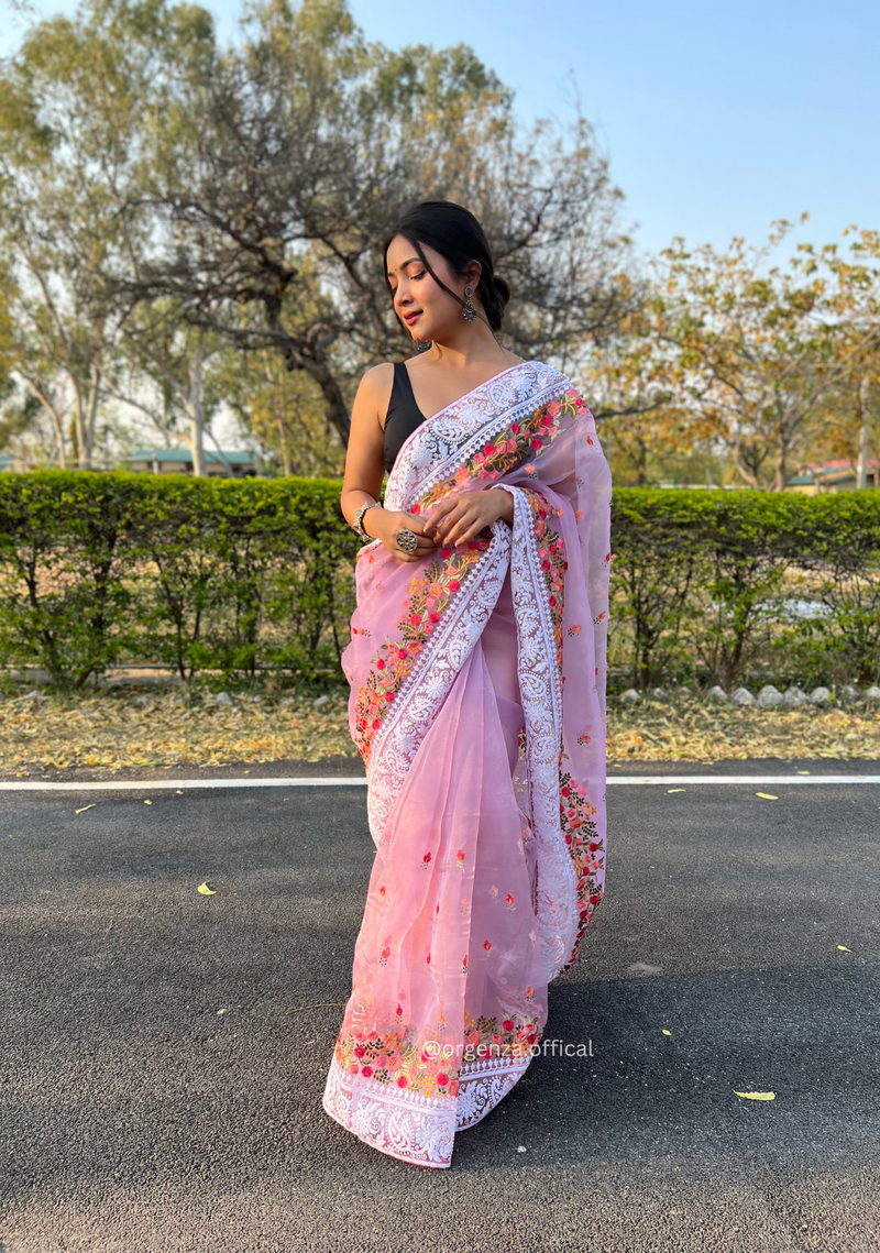 Lavender Organza Saree With Chikankari Work