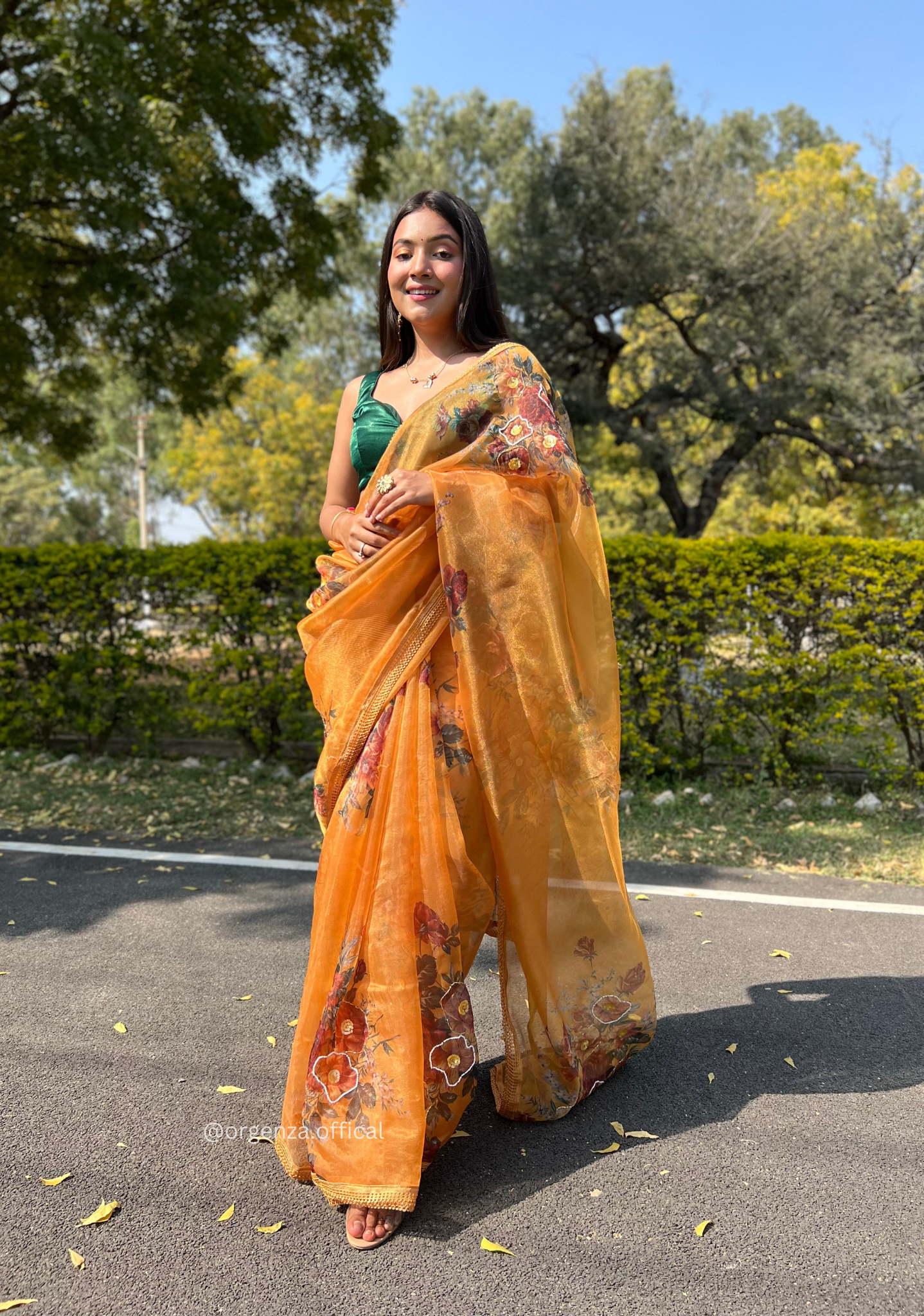 Mustard Yellow Colour Organza Saree With Handwork